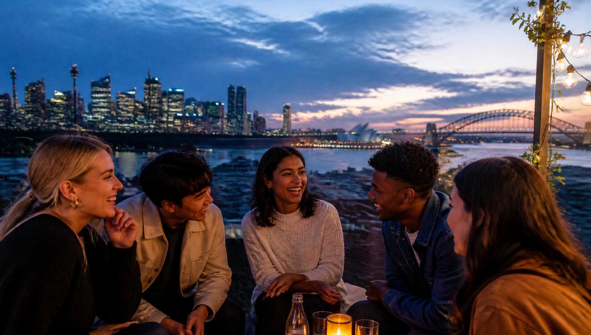 Grupo de jóvenes internacionales conversando con el skyline de Sydney al atardecer