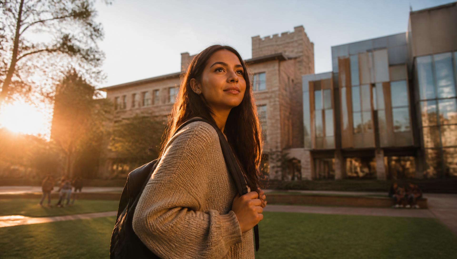 Estudiante internacional caminando por un campus australiano al atardecer