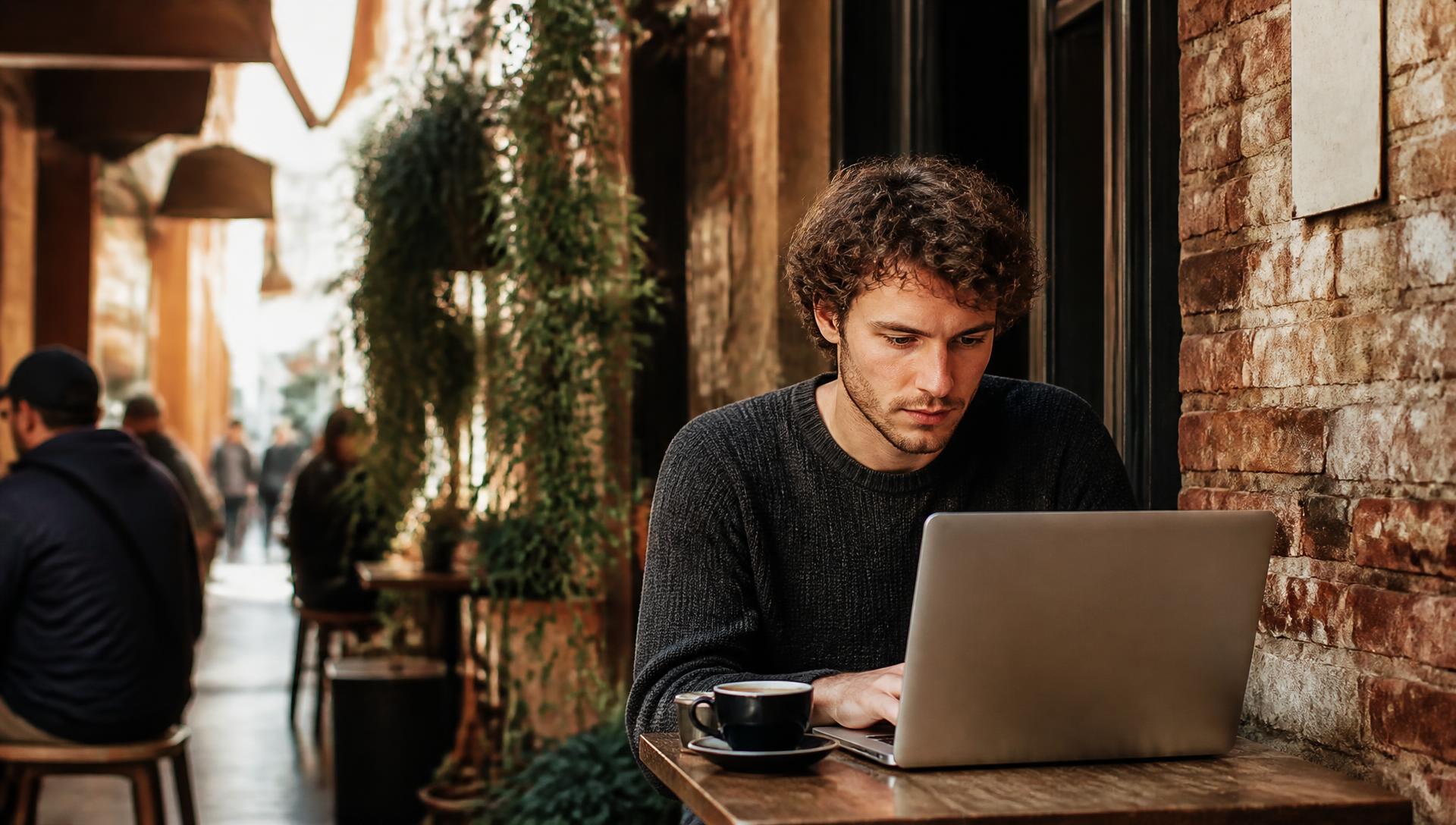 Joven trabajando con una laptop en un café de un callejón de Melbourne