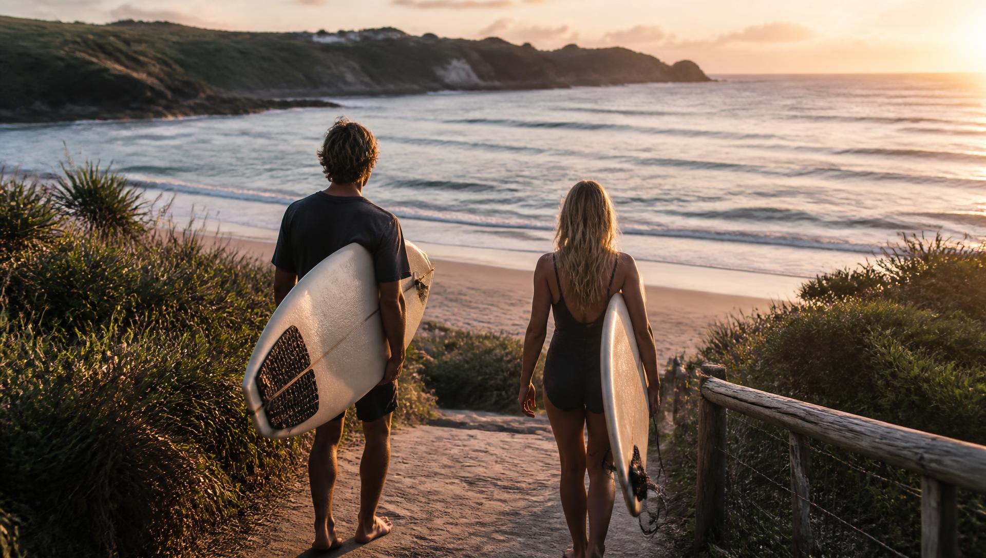 Dos jóvenes caminando hacia la playa con tablas de surf al amanecer