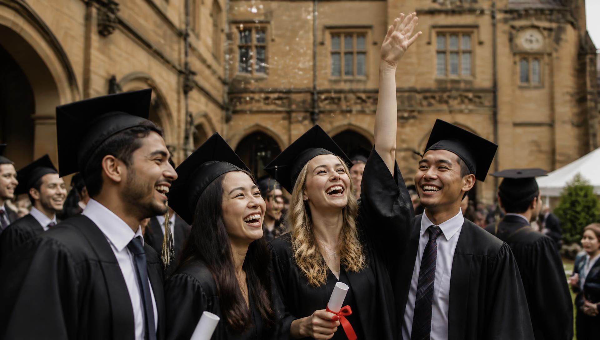 Graduados internacionales celebrando afuera de una universidad australiana